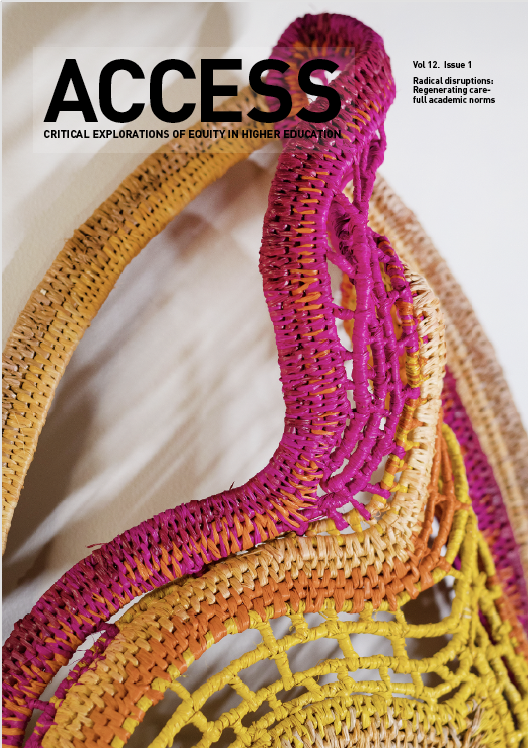 Cover page: The journal title, ACCESS: Critical explorations of equity in higher education, sits over the featured artwork. The artwork is by Felicity Cocuzzoli and is a detail of a form wovern in natural undied fibres and bright pink, yellow and organe fibres. The shadows from the piece are seen on the wall behind.